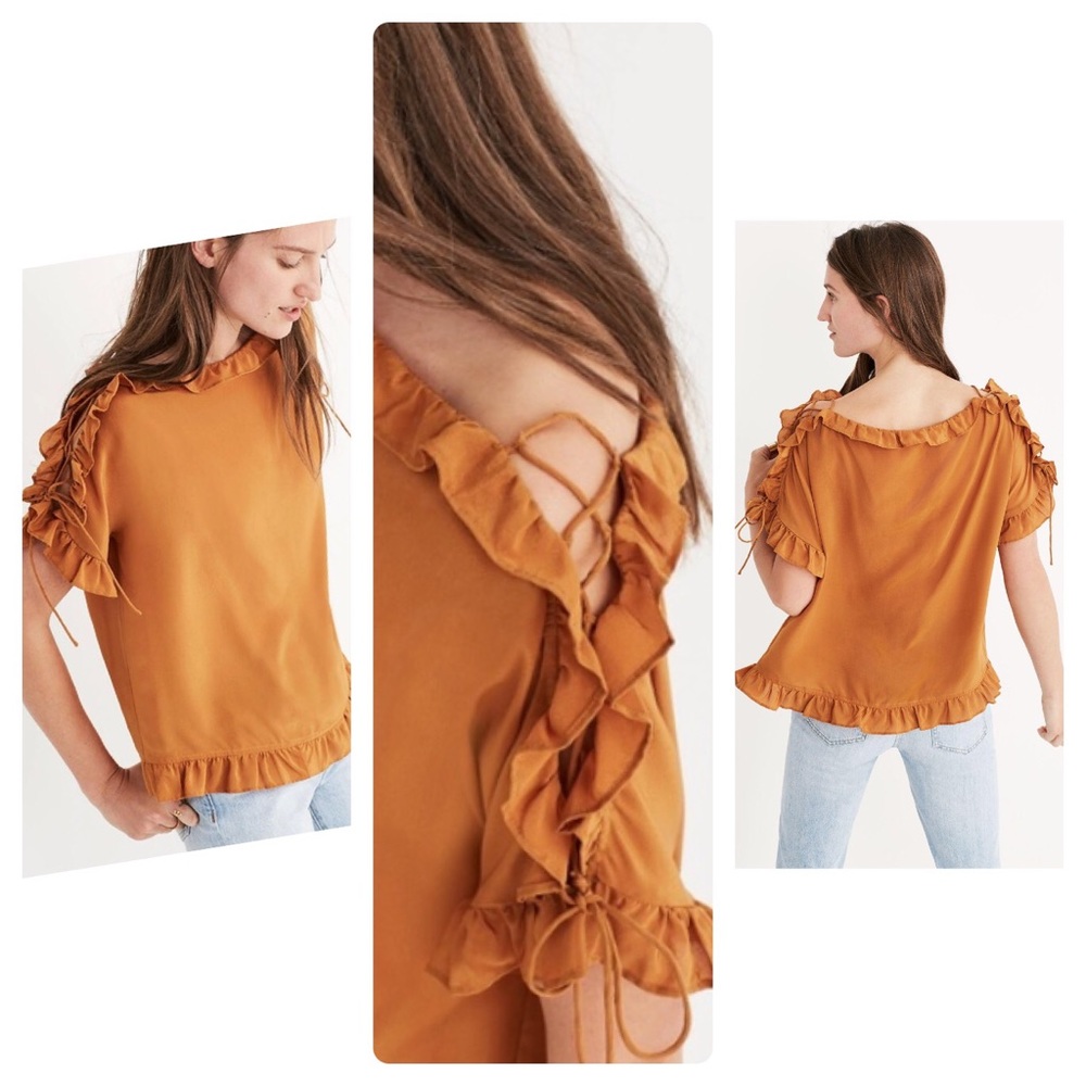 Madewell silk ruffled lace-up top orange XXS